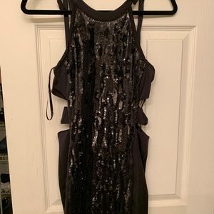 BEBE FULLY SEQUINED BLACK MINI DRESS